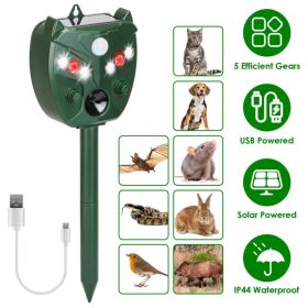 Outdoor Solar-Powered Ultrasonic Deterrent Device, 5 Functional Modes with Ultrasonic, Alarm Tone and Strobe Light, 120° PIR Sensor, IP44 Weather