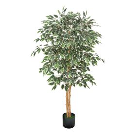 5FT Artificial Ficus Tree with Black Pot, Tall Faux Ficus Plant with Natural Wood Trunk and Realistic Green Leaves, Indoor Fake Silk Tree for Hom
