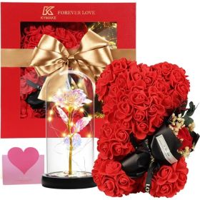 Valentines Day Gift For Her Women Mom Wife Girlfriend, Rose Bear & Beauty and the Beast-Inspired Rainbow Light-Up Roses Gift Set – Perfect for Va