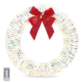 24in Pre-lit Iridescent Outdoor Christmas Wreath Decoration, Lighted Metal Wreath With Red Bow, Warm White LED Lights, For Front Door Gate Wall I (Option: Defaulttitle)