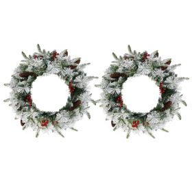 2 Pack 18in Pre-lit Snow Flocked Christmas Wreath, Lighted Artificial Xmas Wreath With 60 Warm Lights And 140 Tips And Red Berries Pine Cones, Fo (Option: Defaulttitle)