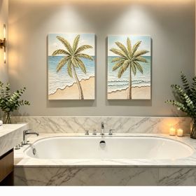 24x30 Set of 2 Palm Tree Wall Art, Aqua Blue & Beige Beach Canvas Painting with Gold Accents, Hand-Painted Textured Tropical Decor for Living Roo (Option: Aqua Blue)