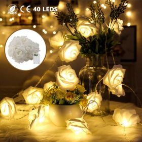2Pcs 40 LEDs Rose Flower String Lights 10ft/3m Battery Operated Decorative Lights for Anniversary Valentine's Wedding Bedroom (Option: White)