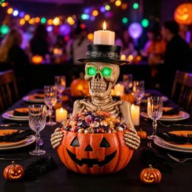 Halloween Resin Skeleton Figurine Candy Dish, Glowing Green Eye Design, Decorative Treat Bowl and Flameless Candle Display Holder for Entryway, M (Option: as pic)