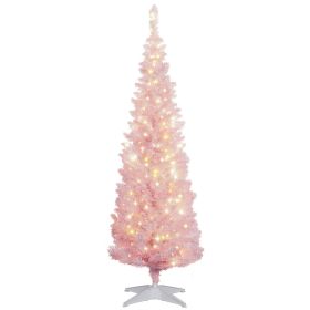 5ft Pencil Christmas Tree, Slim Artificial Christmas Tree with Snow Flocked Branches and Warm White LED Lights, Pink (Option: Pink-880x195x220 mm)