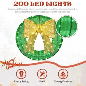 24in Pre-lit Outdoor Christmas Wreath Decoration, Lighted Metal Wreath With Golden Bow, Green And Warm White LED Lights, For Front Door Gate Wall (Option: Defaulttitle)