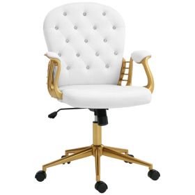 Velvet Office Desk Chair Button Tufted Vanity Chair with Swivel Wheels, Adjustable Height and Tilt Function, Cream White (Option: Gold, White)