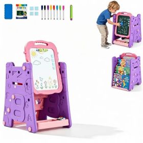 Pink 3-in-1 Kids Double Sided Art Easel, Magnetic Whiteboard & Chalkboard Standing Drawing Board with Adjustable Height Angle, Storage Tray Book (Option: default title)