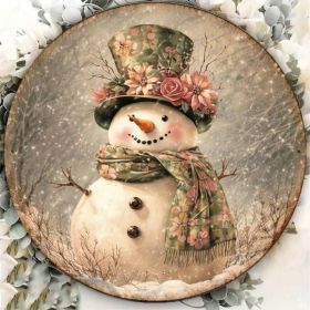 Vintage Snowman Round Sign 8x8in Cute Winter Holiday Wall Decor (Option: Tin)