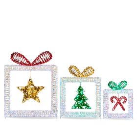 Set Of 3 Lighted Iridescent Cut-out Gift Box Christmas Decorations, Pre-lit Holiday Decor With 357 White LED Lights For Xmas Outdoor Indoor Decor (Option: Defaulttitle)