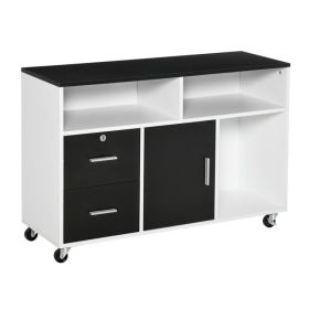 Lateral Filing Cabinet, Printer Stand Home Office Mobile File Cabinet with Wheels, Lockable Drawer, Black (Option: Black White)
