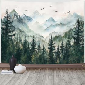Misty Forest Mountain Tapestry 48x36 Inch, Sage Green Pine Tree Watercolor Landscape Wall Hanging For Bedroom And Living Room (Option: MULTI)