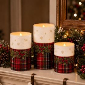 Set Of 3 Christmas Tartan Plaid Flameless LED Pillar Candles (Option: Red)