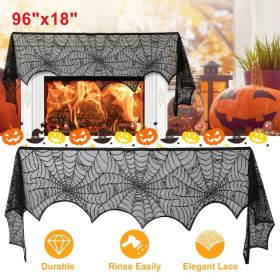 2PCS Halloween Mantle Scarf (96"x18") - Black Lace With Spider Web, Spider & Bat Design, Soft Anti-Crease Fabric - Perfect For Fireplace, Haunted (Option: Defaulttitle)