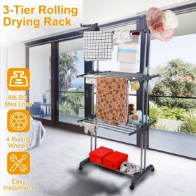 Clothes Drying Rack Rolling Collapsible Laundry Dryer Hanger Stand Rail Shelve Wardrobe Clothing Drying Racks w/ Dual Side Wings (Option: Grey)