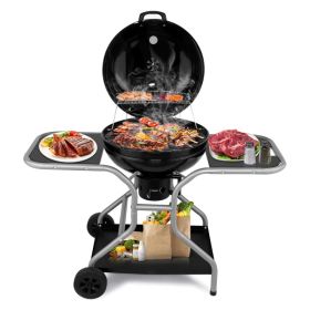 Kettle Charcoal Grill with 2 Side Tables, Storage Shelf, Upgraded Ash Catcher, Thermometer, Air Vents, Outdoor Cooking Barbecue Grill with Wheels (Option: default title)