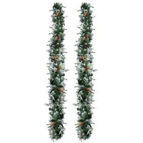 2 Pack 9FT Pre-lit Snow Flocked Christmas Garland, Lighted Artificial Xmas Garland With 200 Warm Lights And 440 Tips And Red Berries, For Front D (Option: Defaulttitle)