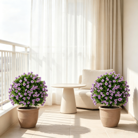 2 Pack Artificial Eucalyptus Topiary Trees with Cement Planter for Home Decor Evergreen Faux Eucalyptus Plants with Blooming Flowers (Color: Green & Purple & Black)