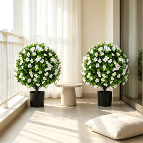 2 Pack Artificial Eucalyptus Topiary Trees with Cement Planter for Home Decor Evergreen Faux Eucalyptus Plants with Blooming Flowers (Color: Green & White & Black)