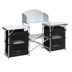 Foldable camping kitchen with 2-sided windshield pockets (Option: as picture)