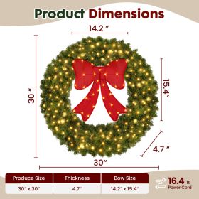Pre-assembled Christmas Wreath, Equipped With Warm White LED Lights And Glowing Red Bows (Option: Green)