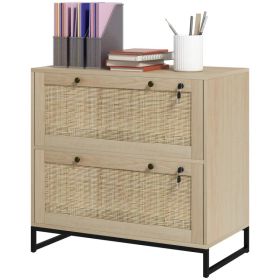 2-Drawer Filing Cabinet with Lock, Rattan File Cabinet with Adjustable Hanging Bar, Natural (Option: NATURAL)
