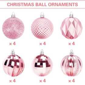 24PCSPink Christmas Ball Ornaments, 60mm Shatterproof Tree DecorPlastic, Xmas Tree Decorations, Wedding, Mothers Day Party, Assorted Style Decor, (Option: 24pcs)