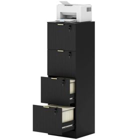 Lockable Filing Cabinet with 4 Fluted Drawers, File Cabinet with Adjustable Hanging Rails for A4 Letter Files, Black (Option: Black)